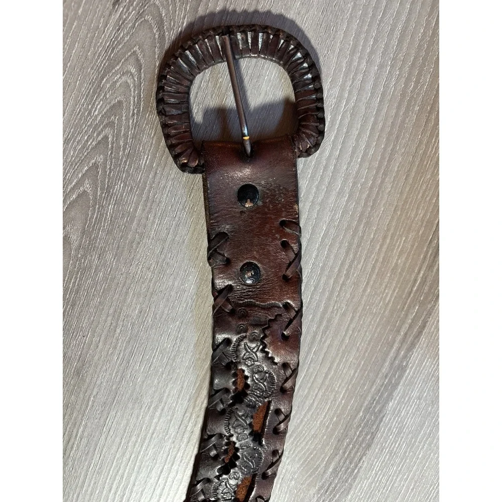 Vintage Dark Brown Leather Whipstitch Embossed Belt Leather Wrapped‎ Buckle